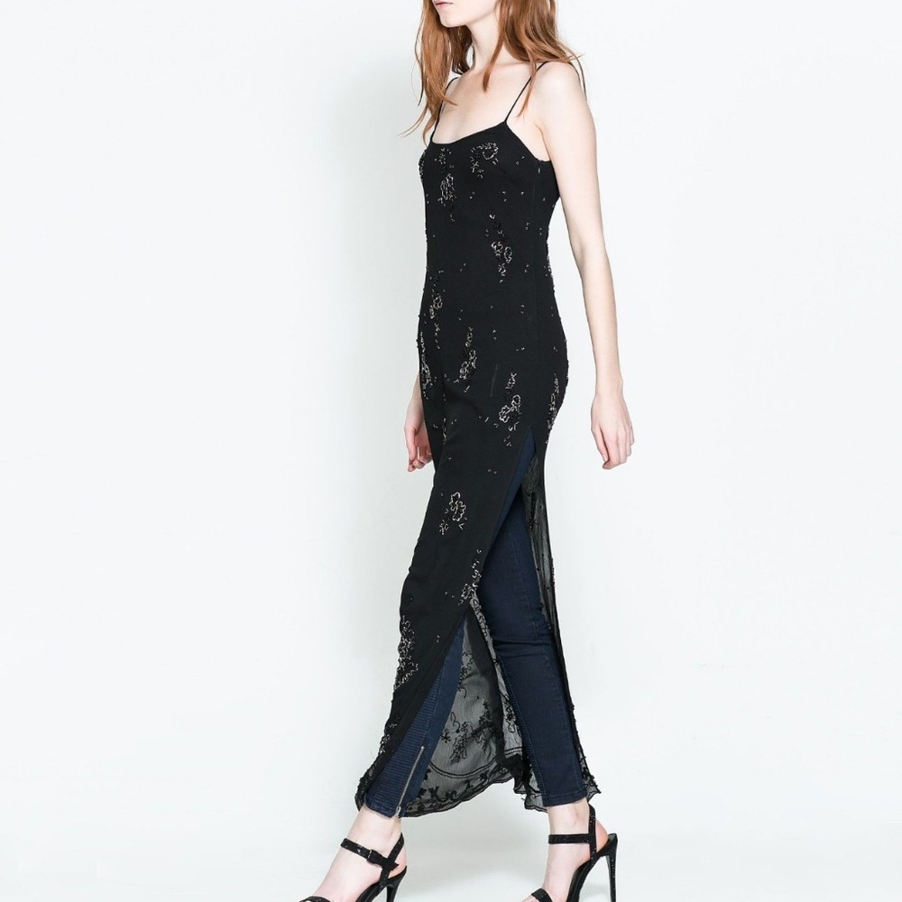 Zara Long Maxi Black Beaded Dress